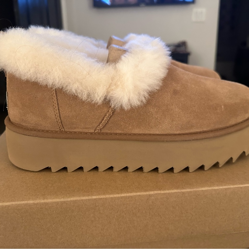 UGG Tan Suede Slippers with Plush Fur Lining